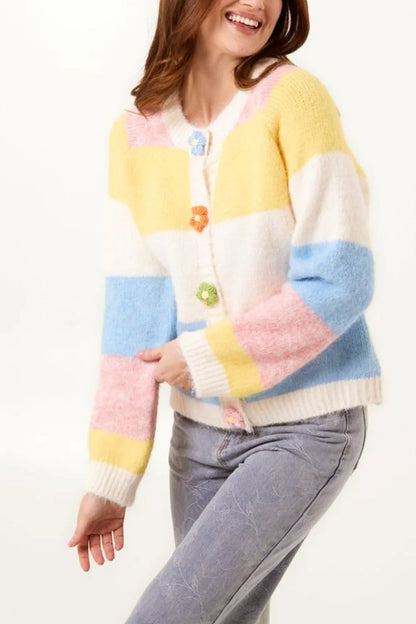 Flower Button Colour Block Cardigan