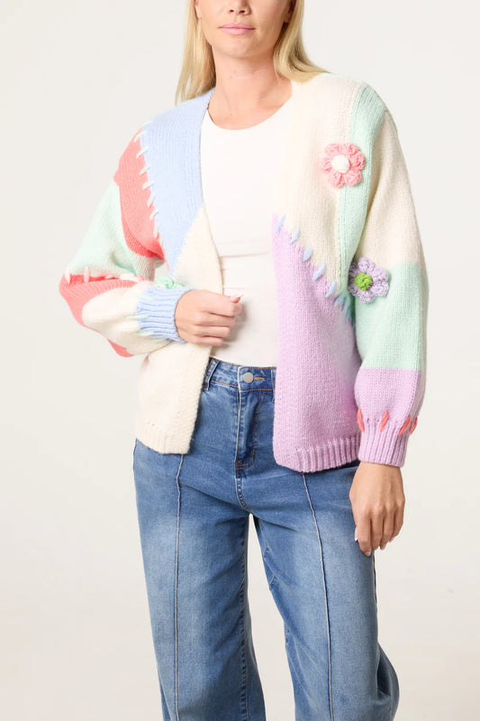 Blue Colour Block Knitted Flower Cardigan