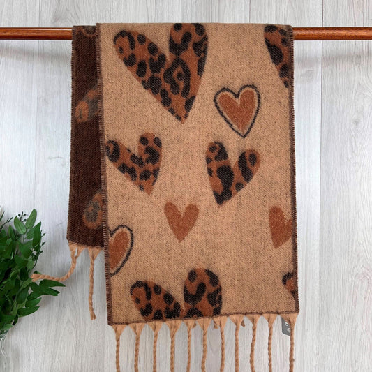 Camel Chunky Winter Scarf With Leopard Print Heart Design