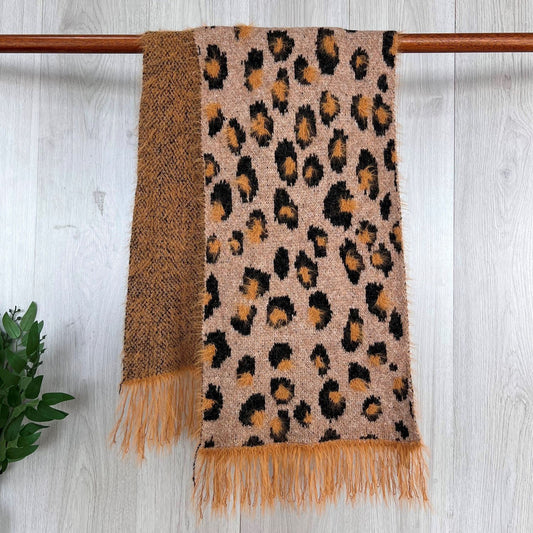 Camel Chunky Winter Scarf With Fluffy Design and Large Fringe
