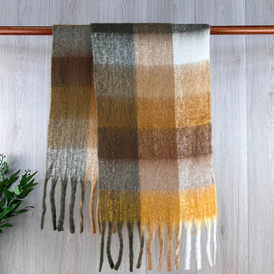 Brown Chunky Winter Checked Scarf With Long Fringe