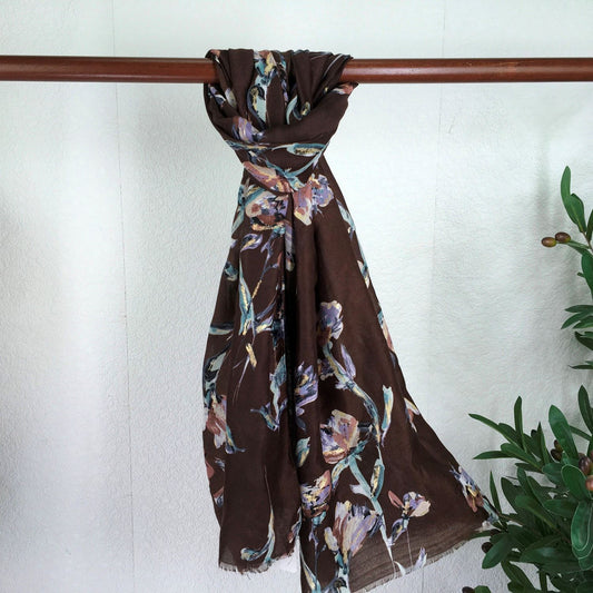 Coffee Lightweight Winter Floral Scarf