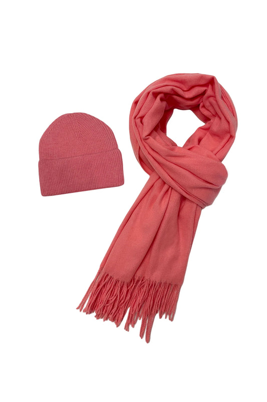 Candy Pink Cosy Plain Tassel Scarf and Hat 7884