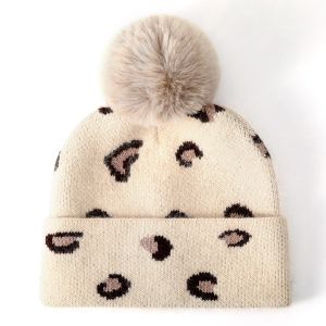 Leopard Pint Pompom Hat Beige sd009