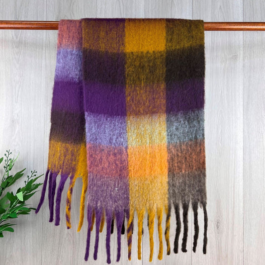 Dark Purple Chunky Winter Checked Scarf With Long Fringe