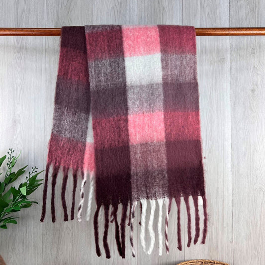 Dusky Pink Chunky Winter Checked Scarf With Long Fringe