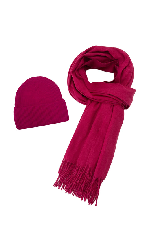 Fuchsia Pink Cosy Plain Tassel Scarf and Hat 7884