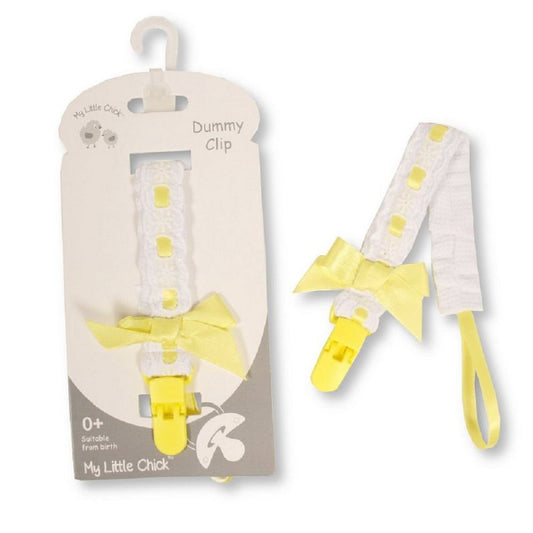 Baby Dummy Clip With Lace Band & Bow-Lemon