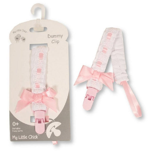 Baby Dummy Clip With Lace Band & Bow-pink