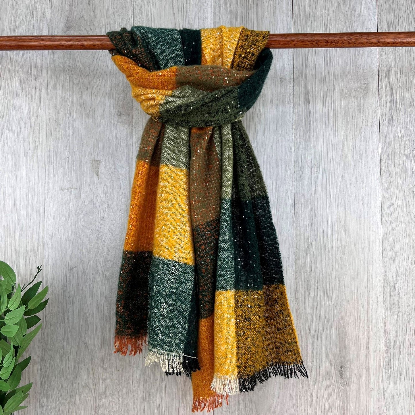 Green Chunky Winter Checked Scarf With Sequenced Fleck