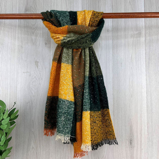 Green Chunky Winter Checked Scarf With Sequenced Fleck