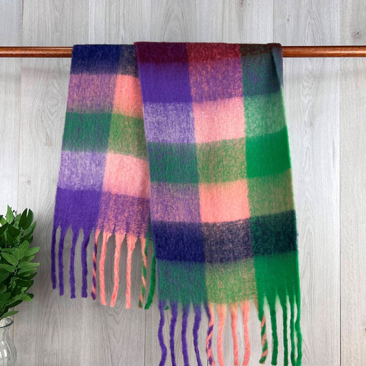 Green and Pink Chunky Winter Checked Scarf With Long Fringe