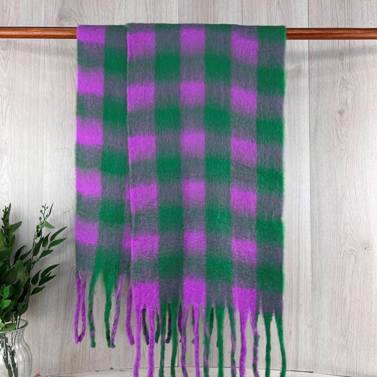 Green and Purple Chunky Winter Checked Scarf With Long Fringe