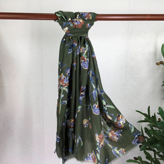 Green Lightweight Winter Floral Scarf