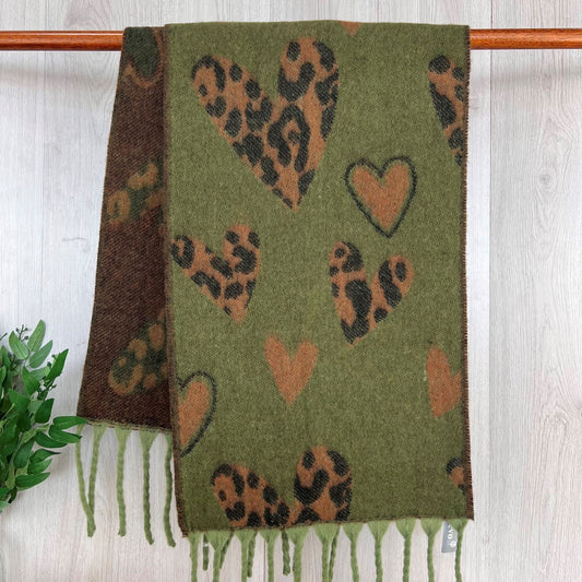 Green Chunky Winter Scarf With Leopard Print Heart Design