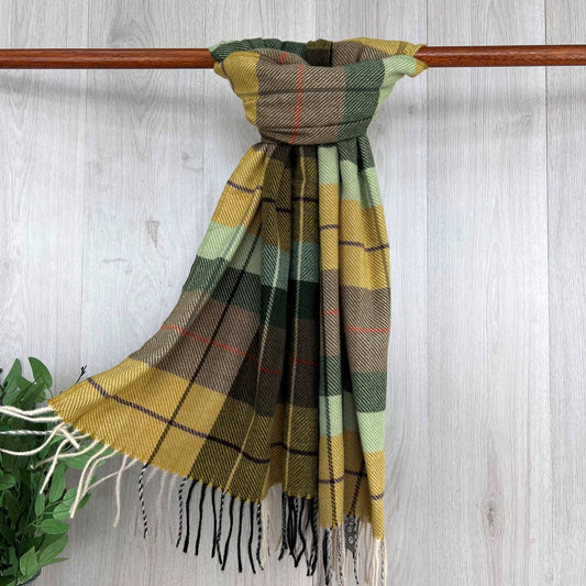 Green Fine Checked Winter Scarf With Fringe