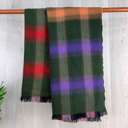 Green Fine Checked Winter Scarf With Fringe