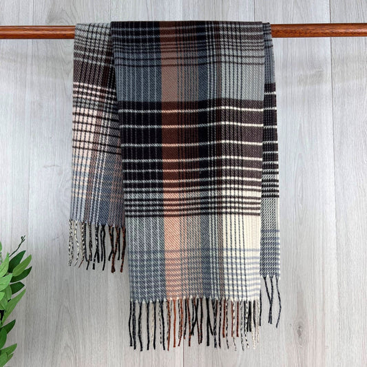 Grey Checked Fine Winter Scarf With Fringe