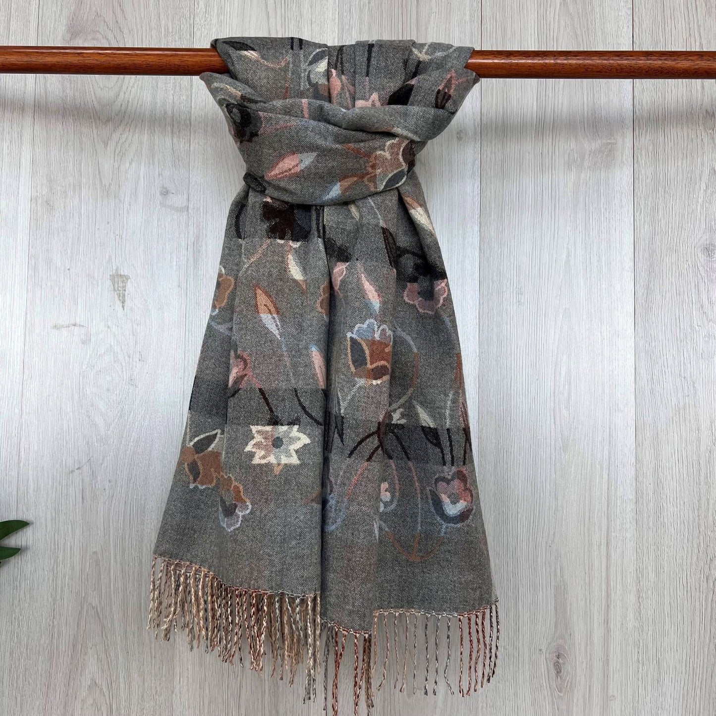 Grey Fine Winter Scarf With Floral Design and Fringe