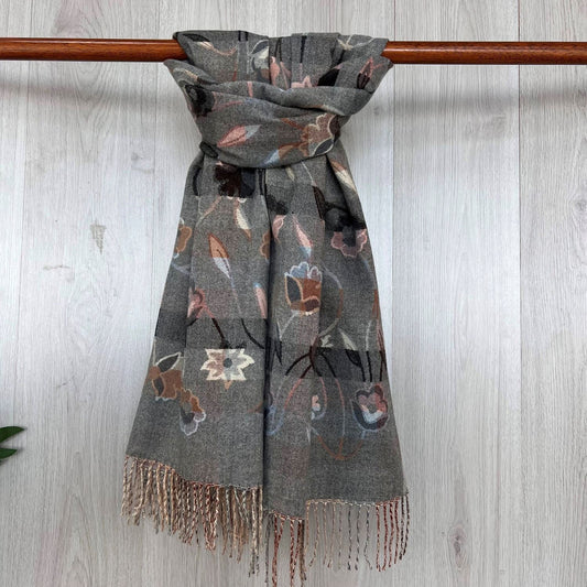 Grey Fine Winter Scarf With Floral Design and Fringe