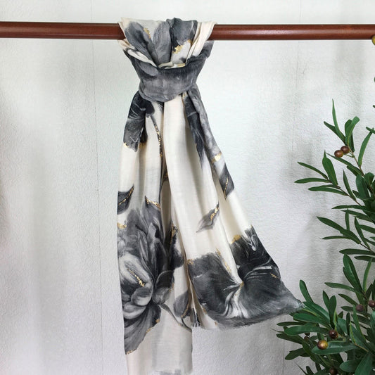 Grey Lightweight Winter Scarf With Large Flower Design