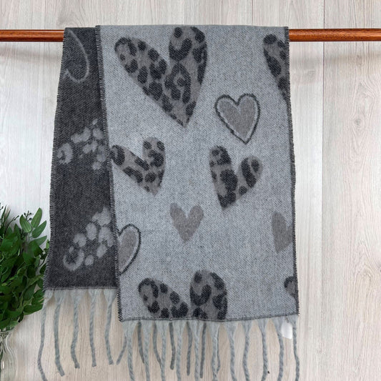 Grey Chunky Winter Scarf With Leopard Print Heart Design