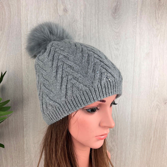 Grey Pom-Pom Knitted Neutral Hat With Glitter Fleck