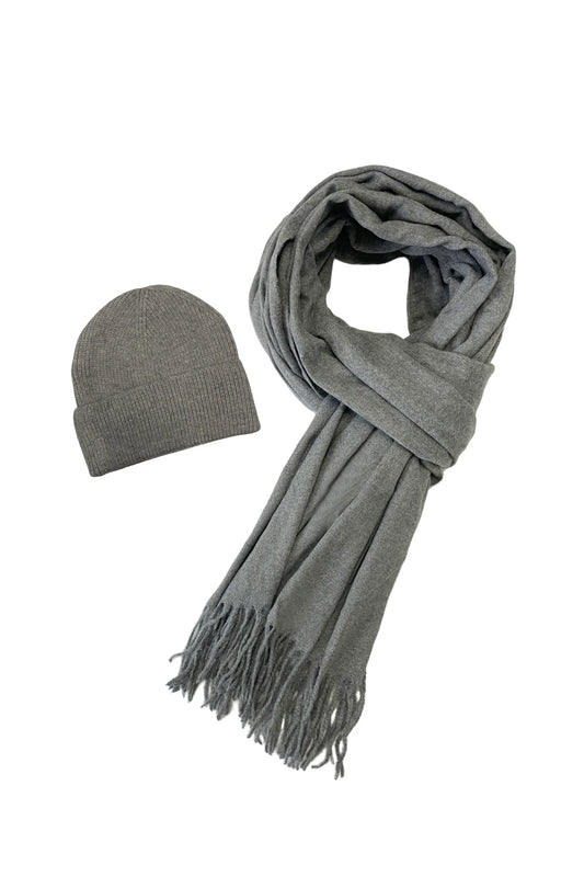 Grey Cosy Plain Tassel Scarf and Hat 7884