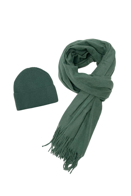 Green Cosy Plain Tassel Scarf and Hat 7884