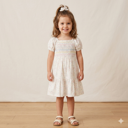 Girls Smocked Dress & Scrunchie Set with Floral Print