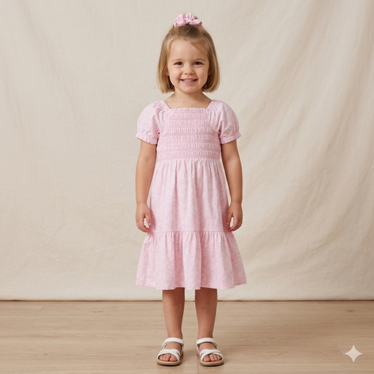 Girls Smocked Dress & Scrunchie Set in Pink