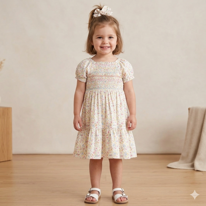 Girls Smocked Dress & Scrunchie Set with Bright Floral Print