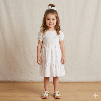 Girls Smocked Dress & Scrunchie Set in White