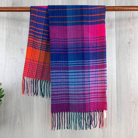Hot Pink Checked Fine Winter Scarf With Fringe