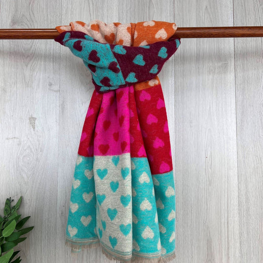Hot Pink Chunky Winter Scarf With Coloured Heart Squares Design