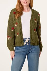 Chunky Knit Flower Embroidered Detail  Khaki Cardigan