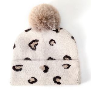 Leopard Pint Pompom Hat Ivory sd009