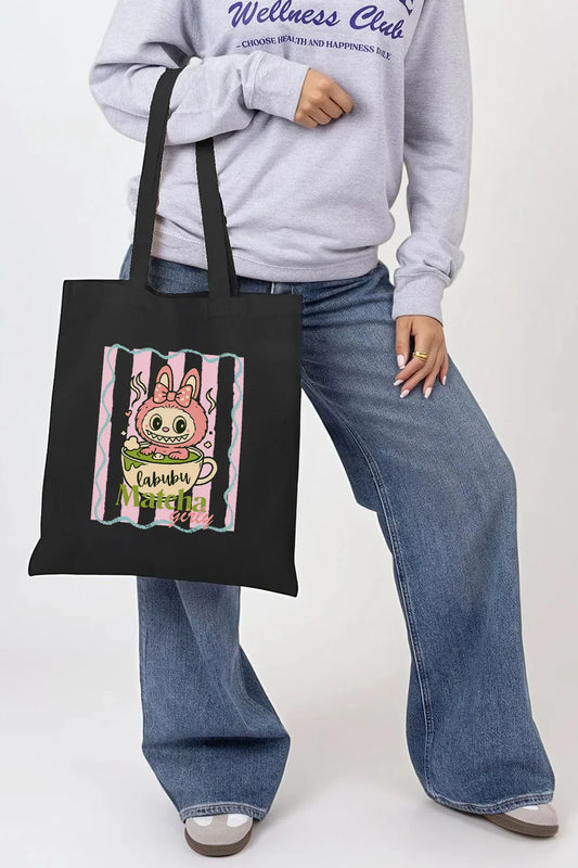 Matcha Girly Printed Cotton Tote - Black