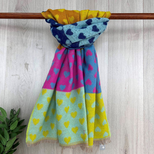 Lime Green Chunky Winter Scarf With Coloured Heart Squares Design
