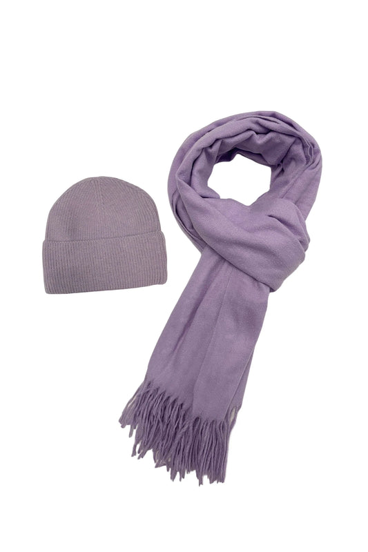 Lilac Cosy Plain Tassel Scarf and Hat 7884