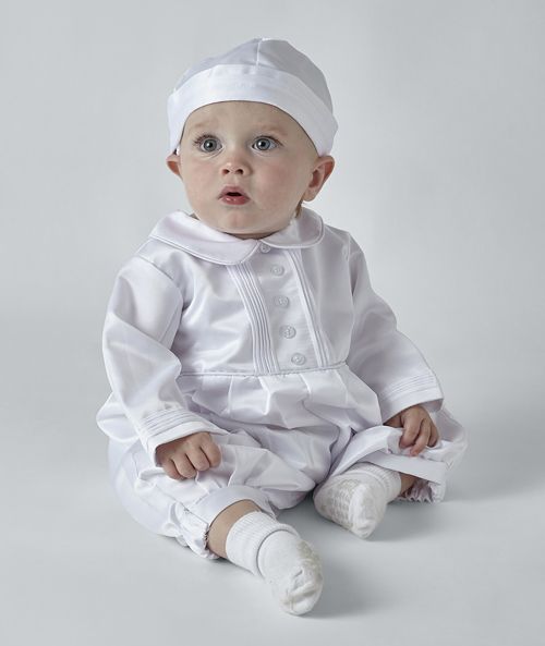 Boys White Michael Christening Romper with Hat