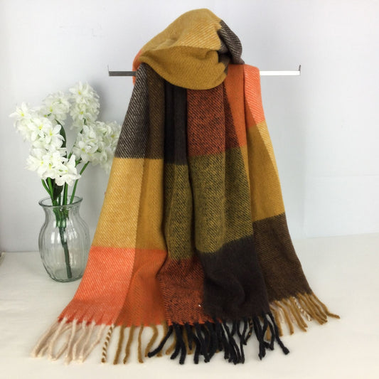 Mustard Chunky Winter Checked Scarf With Coloured Square Pattern