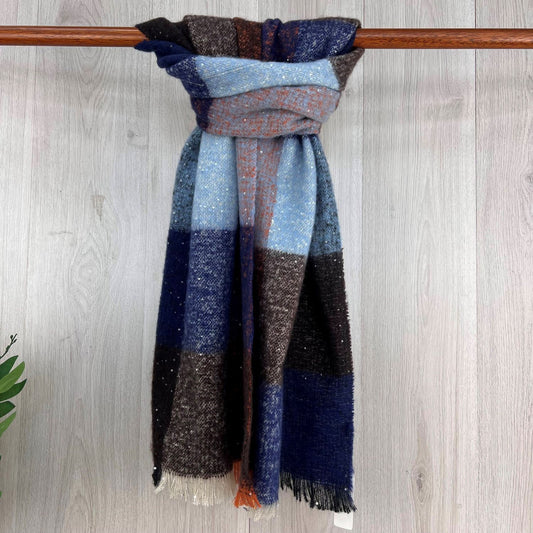 Navy Chunky Winter Checked Scarf With Sequenced Fleck