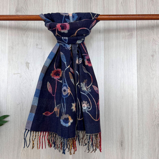 Navy Fine Winter Scarf With Floral Design and Fringe