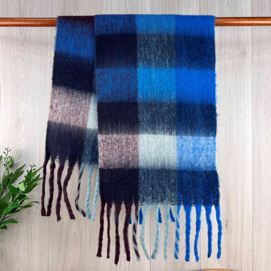 Navy Chunky Winter Checked Scarf With Long Fringe