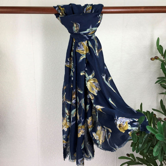 Navy Lightweight Winter Floral Scarf