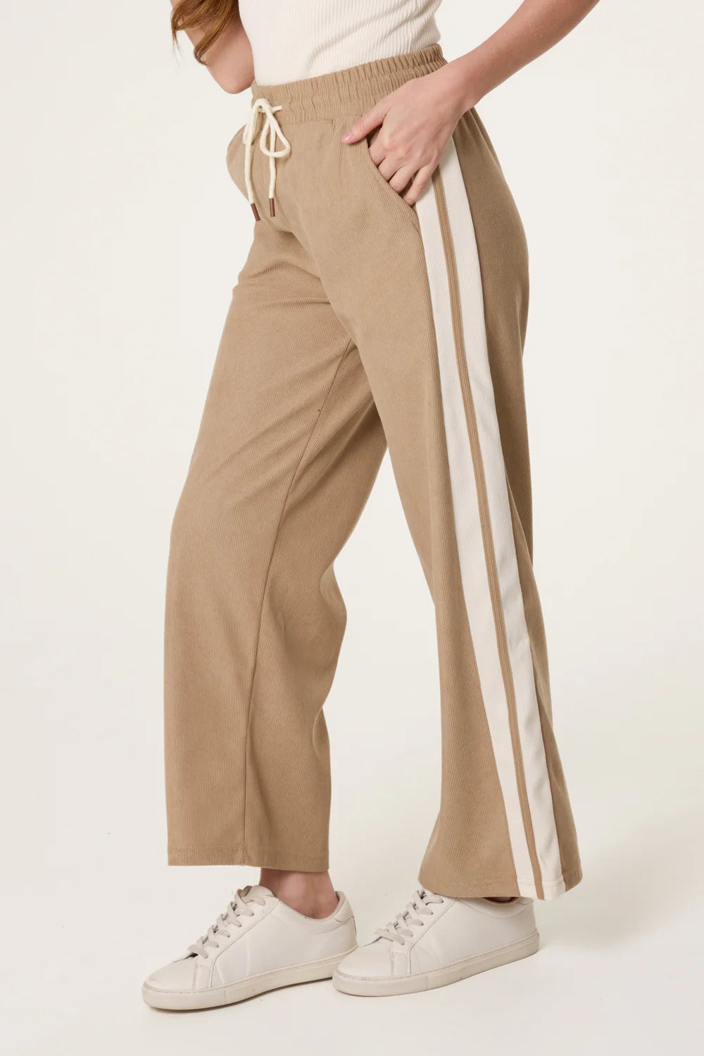 Stone Drawstring Side Stripe Trousers