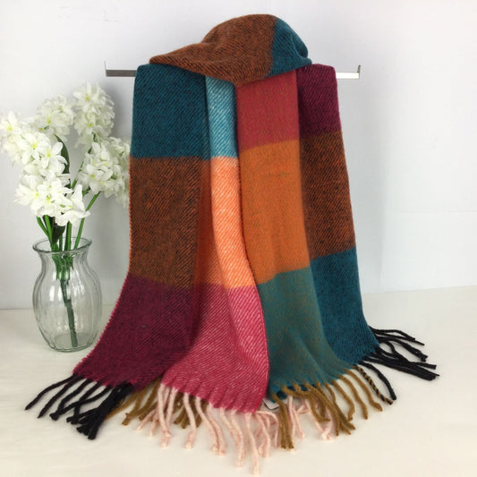 Orange Chunky Winter Checked Scarf With Coloured Square Pattern