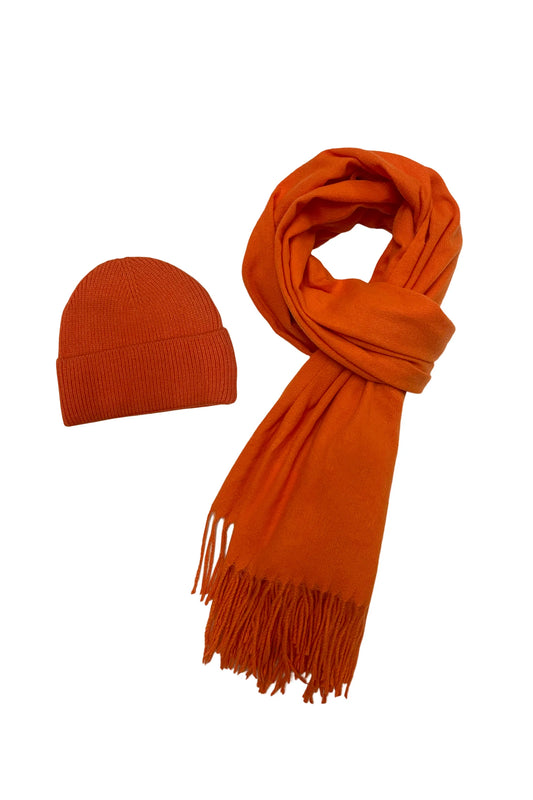 Orange Cosy Plain Tassel Scarf and Hat 7884