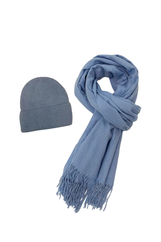 Powder Blue Cosy Plain Tassel Scarf and Hat 7884